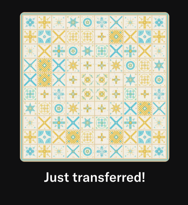 A quilt-patterned digital tile featuring intricate blue and yellow geometric designs with the caption "Just transferred!" confirms a successful transfer, marking the arrival of a new Azulejo Galo mint via a trade-in from @phraze.