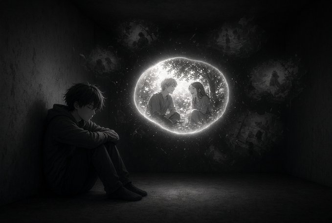 A monochrome digital illustration shows a lonely figure sitting in a dark corner, looking toward a glowing circular portal where two other figures are meeting.
