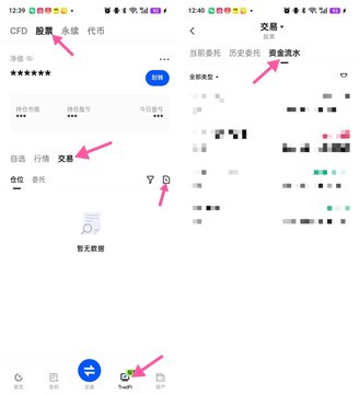 A screenshot of the Gate.io app showing the CFD section with the "股票代币" (Stock Tokens) tab selected, then navigating to the "资金流水" (Fund Flow) page to verify dividend distributions, illustrating the post's guidance for users holding HD, LIN, UNH, QCOM, and META stock tokens to confirm their cash dividend payouts.