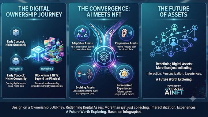 A three-panel infographic about 'The Digital Ownership Journey' and 'The Convergence: AI Meets NFT,' covering early niche ownership, blockchain/NFTs, adaptable assets, responsive assets, evolving assets, and personalized experiences, powered by Project AiNFT.