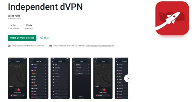 App store listing for 'Independent dVPN' with a 4.4 star rating from 6,584 reviews and over 500K+ downloads, showing a red logo with a rocket icon.