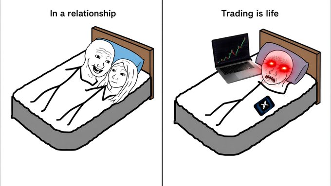 The image is a two-panel meme: on the left, labeled "In a relationship," a couple smiles contentedly in bed together, while on the right, labeled "Trading is life," a wide-eyed, panicked figure lies in bed staring at a laptop displaying a rising green chart, accompanied by a phone showing the X logo. The meme humorously suggests that for traders, their "partner" is their screen and the markets, which aligns with the post's pitch for Kalshi's CFTC-regulated crypto perps (up to 6.1x on BTC) as a trustworthy alternative to sketchy offshore exchanges.
