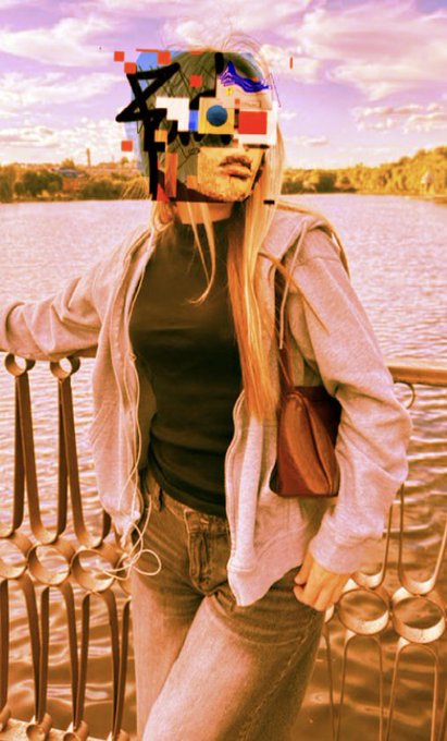 A photograph of a woman with long blonde hair wearing a pink hoodie and jeans, standing by a metal railing with a river in the background, her face obscured by a digital glitch effect.