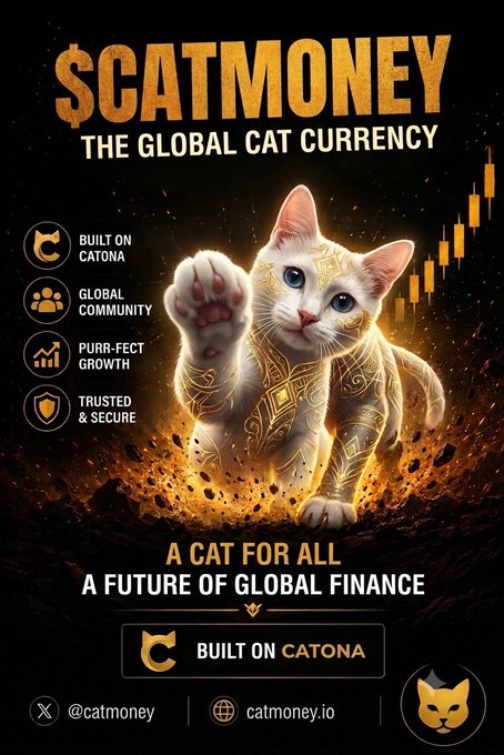 A promotional graphic for '$CATMONEY THE GLOBAL CAT CURRENCY' featuring a golden, glowing kitten with intricate markings, along with taglines like 'A CAT FOR ALL' and 'BUILT ON CATONA', and social media handle '@catmoney'.