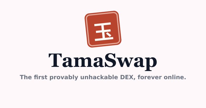 The image features a logo for a website called TamaSwap, which is an online marketplace for exchanging digital assets like music, images, and videos. The logo includes an Asian character that reads "E[TM]". This character represents the letter "E" in English. The website's name is displayed below the logo, along with its contact information: "The first provably unhackable DEX, forever online."