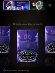 The image shows a "High Roller Vouch" gacha-style reward screen from a watch-related game, displaying what appears to be a premium watch prize selection with the prompt "Drag to spin, tap to select" and "Guaranteed Authenticity" noted at the bottom. This aligns with the post's description of opening a "Watch Gacha" game for $500, suggesting the user is about to select or spin for a high-value watch reward from the virtual voucher.