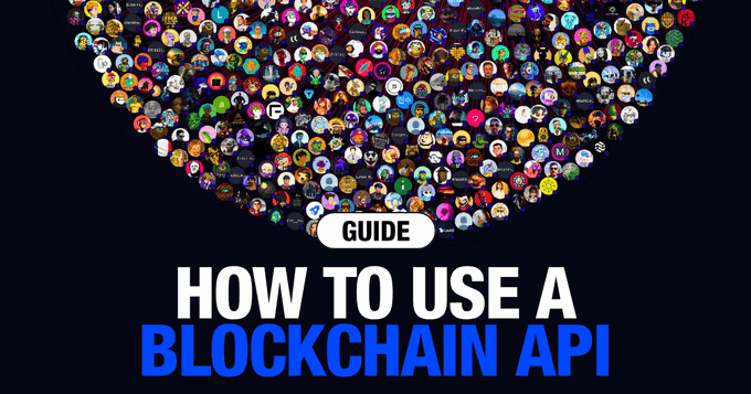 A promotional graphic from Arkham featuring a colorful mosaic of user profile icons arranged in a semicircle above the text "GUIDE: HOW TO USE A BLOCKCHAIN API," promoting their educational resource on building on-chain tools with blockchain data. The image visually represents the diverse blockchain community while directing attention to Arkham's API guide mentioned in the accompanying post.