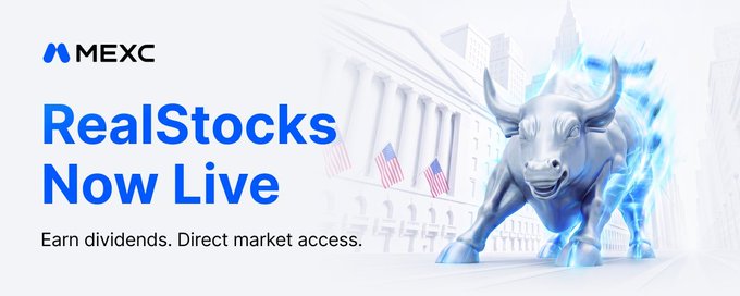 A MEXC cryptocurrency exchange advertisement reads 'RealStocks Now Live' with the tagline 'Earn dividends. Direct market access,' featuring a glowing chrome bull statue against a Wall Street backdrop.