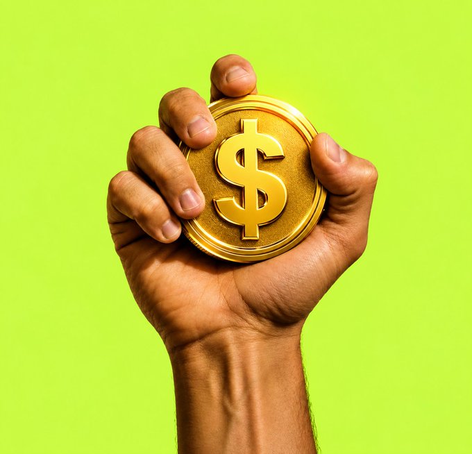 A close-up of a hand holding a large gold coin with a dollar sign ($) symbol against a bright green background.