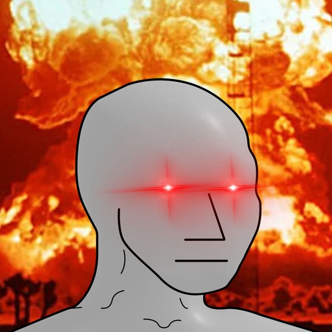 A faceless humanoid figure with glowing red eyes stands before a massive explosion, capturing the meme's defiant rage at doubters of the $NPC cryptocurrency investment. The fiery backdrop and intense expression visually embody the "HODL" mentality of unwavering conviction despite external chaos.