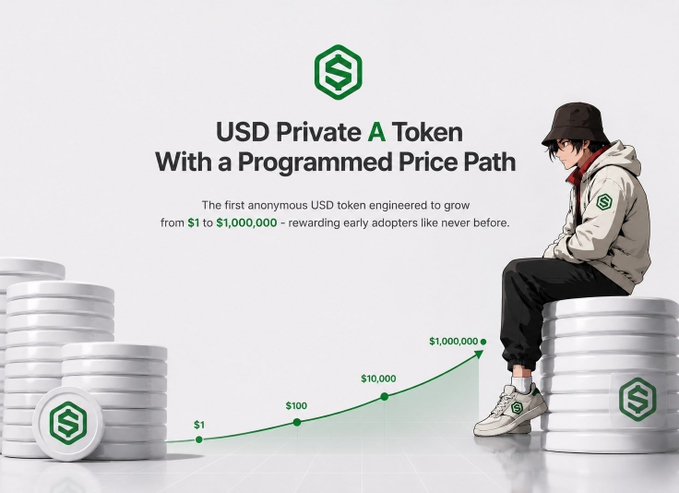 The image features a person sitting on top of stacks of white coins with green edges. The person appears to be wearing a hat and has their legs crossed while they are seated. The background of the image is white, which contrasts with the colorful coins. There is also text in the image that reads "What if a USD token wasn'nt designed only for stability, but followed a predefined path toward long term value growth?". This suggests that there might be an alternative approach to designing tokens or currency systems, focusing on specific paths and growth trajectories rather than solely prioritizing stability.