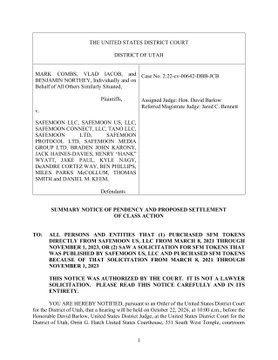 This image shows the first page of a United States District Court summons and notice related to the SafeMoon bankruptcy case (Case No. 2:22-cv-00642-OHH-SCB), involving defendants including SafeMoon, LLC, Safemoon (US), LLC, Safemoon Connect LLC, and several individual defendants. The notice is a **Summary Notice of Pendency and Proposed Settlement of Class Action** informing potential class members about a settlement in securities litigation, with a Settlement Class Bar Date of November 9, 2026, as referenced in the accompanying post about the SafeMoon Chapter 7 Trustee's filing.