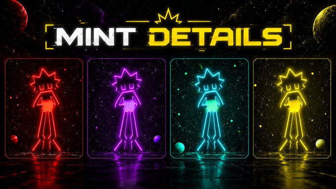 A vibrant graphic with the text "MINT DETAILS" at the top, showcasing four neon-colored stylized humanoid figures in red, purple, cyan, and yellow against a cosmic background.