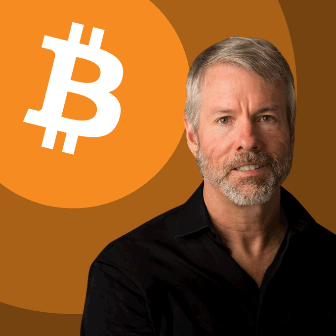 The image features Michael Saylor, the prominent Bitcoin advocate and MicroStrategy co-founder, pictured next to the iconic orange Bitcoin logo. The visual pairs his likeness with the cryptocurrency's symbol, complementing his quote about governments being unable to stop Bitcoin's inevitable global advancement.