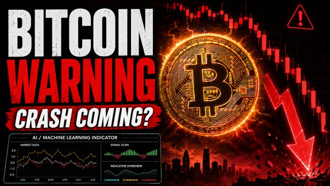 A dramatic YouTube thumbnail featuring a fiery Bitcoin coin over a red candlestick chart with a crashing arrow, headlined "BITCOIN WARNING CRASH COMING?" alongside AI/machine learning indicator panels and warning symbols, visually reinforcing the post's alert about a potential Bitcoin price decline following a daily supertrend breakdown.