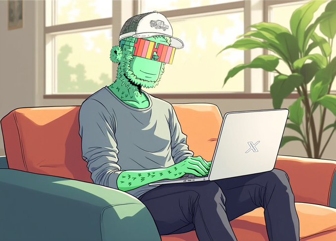An animated illustration of a green-skinned character wearing a trucker hat and 3D glasses, sitting on a couch and typing on a laptop marked with an X logo.