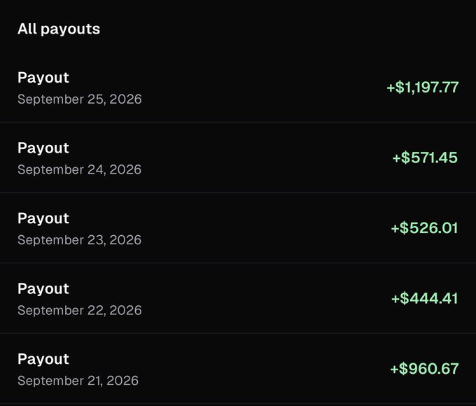 A screenshot of an 'All payouts' screen shows five payout transactions from September 21-25, 2026, with amounts ranging from +$444.41 to +$1,197.77.
