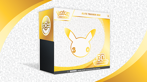 A Pokémon 30th Anniversary Elite Trainer Box featuring a yellow and white color scheme with a silhouette of Pikachu wearing a "30" celebration hat and a Poké Ball logo.