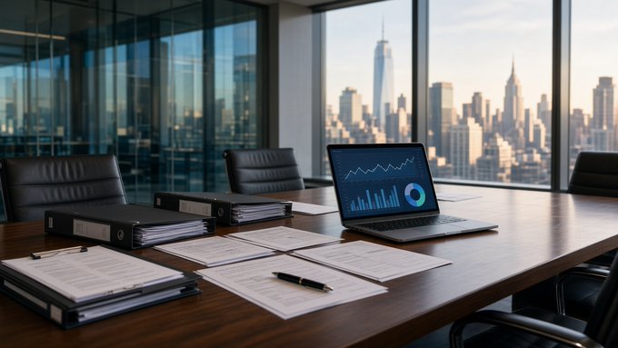 A modern corporate boardroom features a laptop displaying financial charts and graphs alongside scattered documents and binders on a wooden conference table, with a city skyline visible through floor-to-ceiling windows. The image visually reinforces the post's theme of institutional decision-making, symbolizing the rule-setting and accountability discussions that precede blockchain adoption in corporate settings.

No visible text, numbers, tickers, or names can be read in the image.