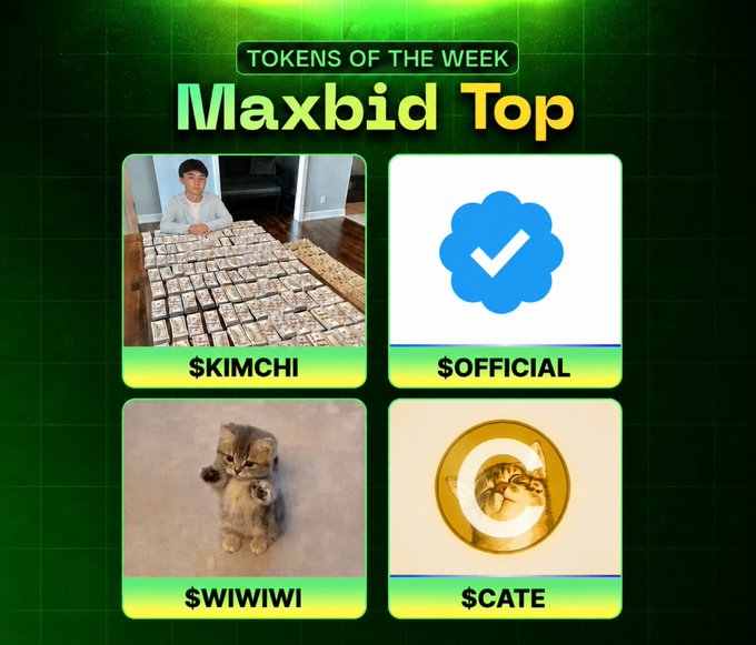 A 'Tokens of the Week' promotional graphic titled 'Maxbid Top' featuring four meme coins: $KIMCHI, $OFFICIAL, $WIWIWI, and $CATE.