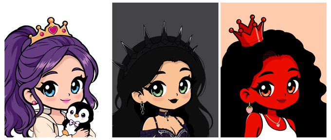 Three chibi-style digital portraits of women are displayed side-by-side, each wearing a distinct crown: a purple-haired girl with a golden heart-themed crown holding a penguin, a black-haired woman with green eyes in a black spiked crown, and a dark-skinned woman with a red crown.