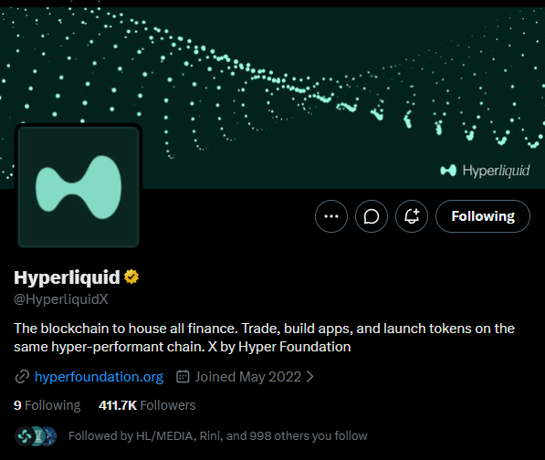 The image shows the Hyperliquid X profile banner, which features a dark background with a stylized wave-like pattern of teal dots and the Hyperliquid logo on the left. The profile displays the handle "@HyperliquidX," a verification checkmark, the bio "The blockchain to house all finance. Trade, build apps, and launch tokens on the same hyper-performant chain. X by Hyper Foundation," and notable stats including 411.7K followers and a join date of May 2022, likely shown to confirm whether the banner appearance has changed.