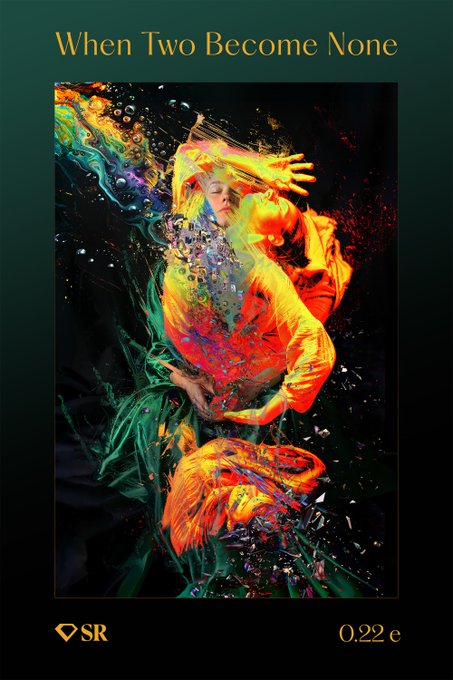 A vibrant, colorful digital artwork depicts two intertwined figures with paint-like splashes, titled 'When Two Become None' with a price tag of '0.22' and an 'SR' logo.