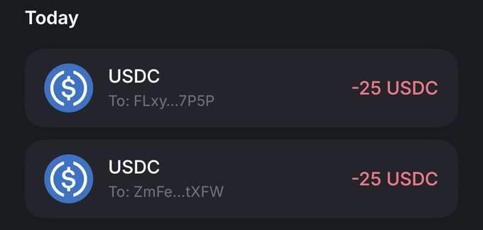 A dark-themed transaction history shows two outgoing USDC transfers of -25 USDC each today, sent to wallet addresses "FLxy...7P5P" and "ZmFe...tXFW", visually confirming the $25 airdrop to two recipients mentioned in the post.