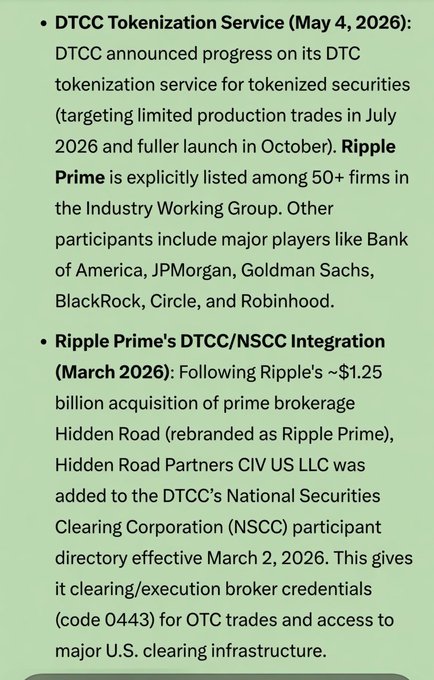 The image shows a green background with white text that reads "DTCC, RIPPLE PRIME, DTC/XRPT, DTC/XRPT, DTC/XRPT, DTC/XRPT, DTC/XRPT". The text is in black and white. The post appears to be discussing the launch of Ripple Prime on October 26, 2016. It also mentions that the prime was launched in October 2016 and has a target market of major players like Bank of America, Jp Morgan, and Goldman Sachs.