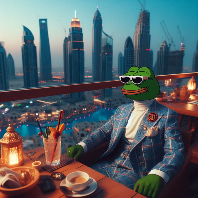 A digital illustration shows Pepe the Frog wearing white sunglasses and a blue plaid blazer, sitting at an outdoor café table with a cocktail, overlooking a glittering Dubai cityscape at dusk.