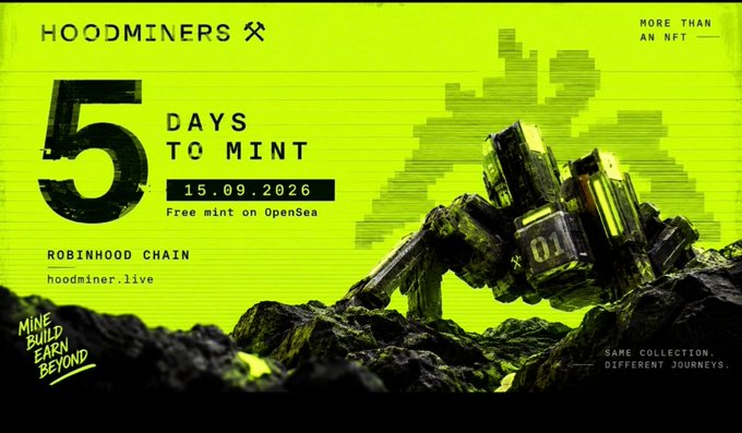 A promotional graphic with a neon green background advertising the "HOODMINERS" NFT collection, featuring a countdown of "5 DAYS TO MINT" on 15.09.2026 and the Robinhood Chain logo.