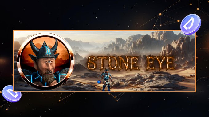 The image features a rugged character wearing a horned helmet with a third eye on his forehead, set against a dramatic rocky landscape, alongside the bold text "STONE EYE," promoting a live boss fight challenge where players can earn up to 80,000 points and 600 leaderboard stars.