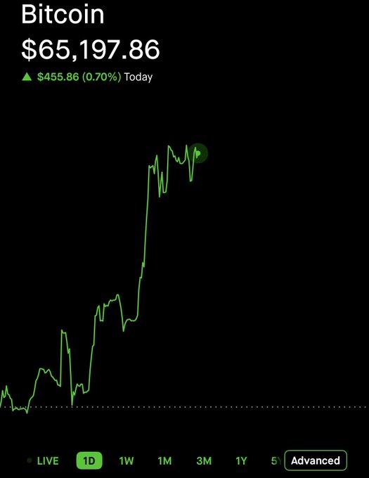 A Bitcoin price chart showing BTC at $65,197.86, up $455.86 (0.70%) today, with a green 1D line chart showing a sharp price spike. Branded 'Advanced' in the bottom right.