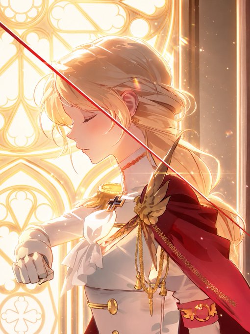 The image features a woman with blonde hair wearing a white dress, standing next to a window that has stained glass elements. The woman appears to be looking down at her hand or something else out of frame. There are no texts present in the image.