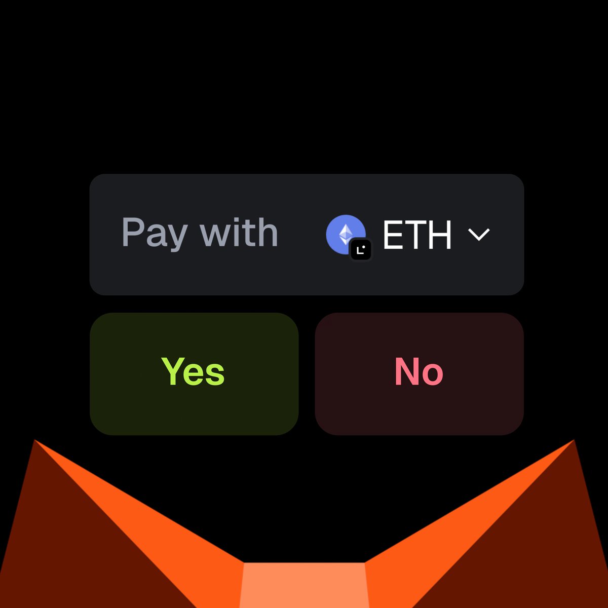 The image features a cat's head with an orange nose and mouth, positioned above a button labeled "Pay With". The background of the image is black, making the cat's face stand out prominently. Below the cat's face, there are three buttons in different colors - green, yellow, and red. These buttons display various options such as "yes", "no", and "don't know". The text on the image reads: "any EVM token any prediction any time fund your @Polymarket predictions with ease, directly in MetaMask."