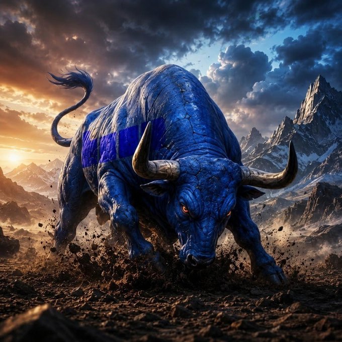 A powerful digital artwork of a charging blue bull with golden horns, set against a dramatic mountain landscape at sunset with rocky terrain and clouds.