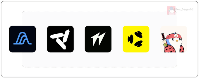 A row of five app icons is displayed, including a dark icon with a blue "A" shape, a black icon with a white stylized "A," a black icon with a white lightning bolt, a yellow icon with black abstract shapes, and a cartoon penguin dressed as a samurai, likely representing a collection of crypto or DeFi platform logos referenced in the post about Variational.