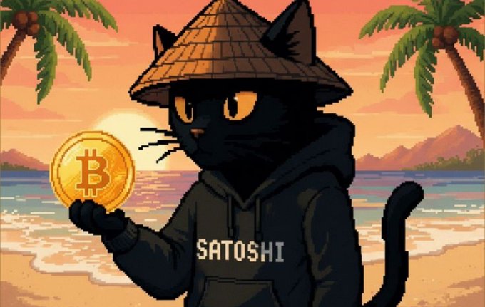 A pixel art black cat wearing a straw hat and a hoodie labeled "SATOSHI" holds a golden Bitcoin coin on a tropical beach at sunset. The image reinforces the post's message by suggesting that true happiness lies in owning Bitcoin.