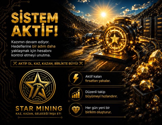 The image features a poster for a mining company called "Günlük kontrolünüzüyor". The poster has a gold star at its center, surrounded by various elements related to mining activities. These include a train engine, a mountain landscape with a sunset in the background, and text that reads "SEM KATIF! KIZLÜN DERI YAPTABARınız mı? Sistem çalışmaya devam ediyor, kazım sürüyor ve hedeflerinize her geçen gün bir zaman büyük hamlelerden değil, düzenli takipten gelir." The poster effectively communicates the company's offerings and their connection to mining activities.