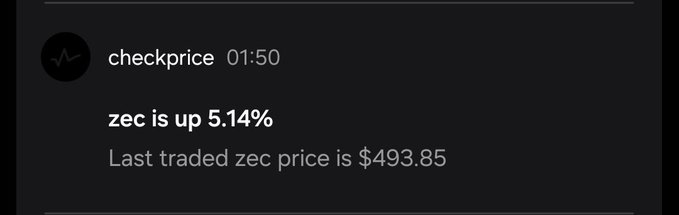 A Discord bot alert from "checkprice" reports that ZEC (Zcash) is up 5.14%, with the last traded price at $493.85. The image reflects the positive price momentum discussed in the post, which highlights Zcash's recent technical advancements including quantum recovery, formal verification, and upcoming performance upgrades.