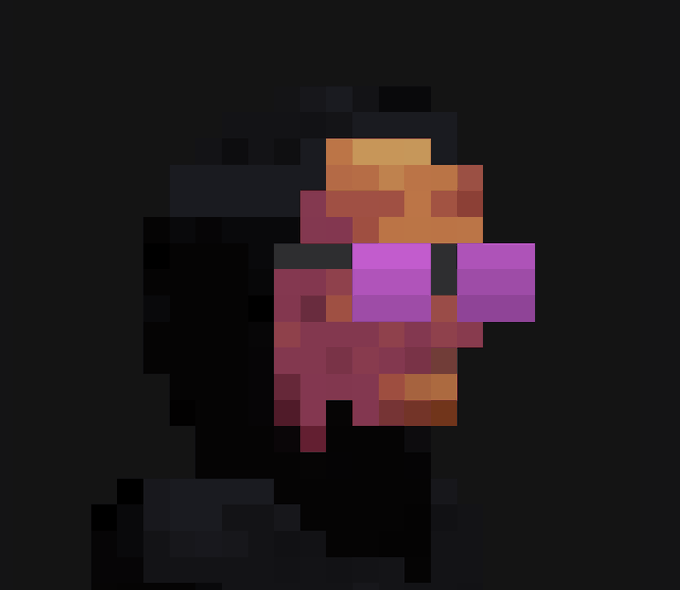 A low-resolution pixel art sprite of a character with purple skin, wearing a purple crown-like feature, set against a black background.