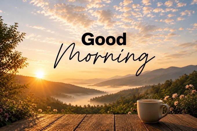 The image features a wooden table with a cup of coffee sitting on top, overlooking a beautiful mountain landscape at sunrise or sunset. The text "Good morning" is written above the cup of coffee, suggesting that it's time for a new day. The phrase "mutuals active on @NomismaNetwork @TheARCTERMINAL quipnetwork Base Topic - Miden Blockchain’s Edge-First Vision I have been diving deeper into what Miden means by calling itself the edge blockchain and it actually makes a lot of sense once you think about it." is also present in the image.