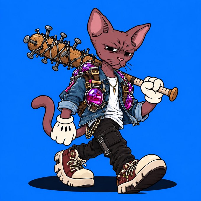 A cartoon illustration of an anthropomorphic cat wearing a denim jacket, white gloves, and sneakers, carrying a spiked baseball bat on its shoulder.