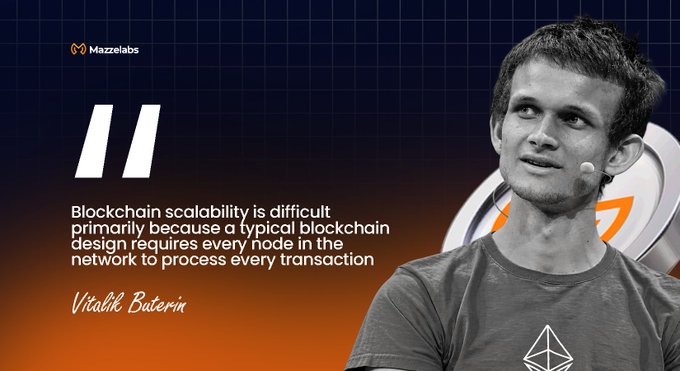 A Mazzelabs graphic features a black-and-white photo of Vitalik Buterin alongside his quote: "Blockchain scalability is difficult primarily because a typical blockchain design requires every node in the network to process every transaction."