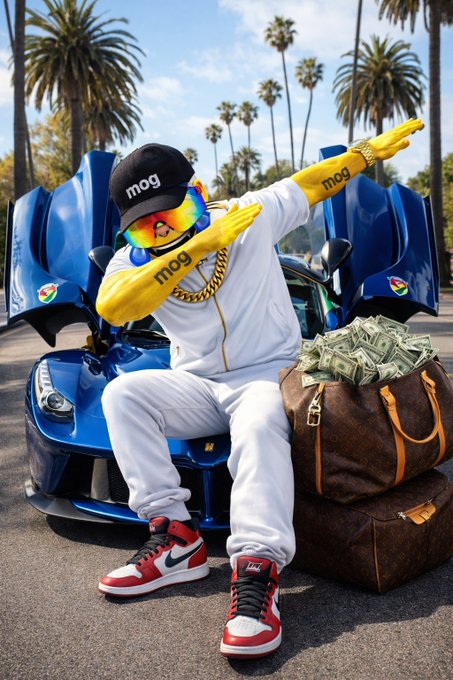 A person in white athletic wear with a black "mog" cap and rainbow face covering strikes a "dab" pose in front of a blue sports car, seated next to a Louis Vuitton duffel overflowing with cash. The image visualizes the post's defiant message about thriving despite suppression of the $MOG token, with the "mog" branding and lavish lifestyle symbolizing becoming a "MOGul."