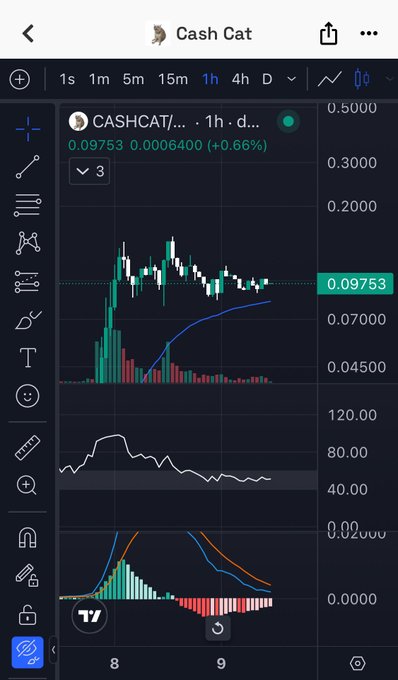 TradingView mobile chart showing the 1-hour candlestick price action of 'Cash Cat' (CASHCAT) at 0.09753, up 0.66%, with volume and MACD indicators below.