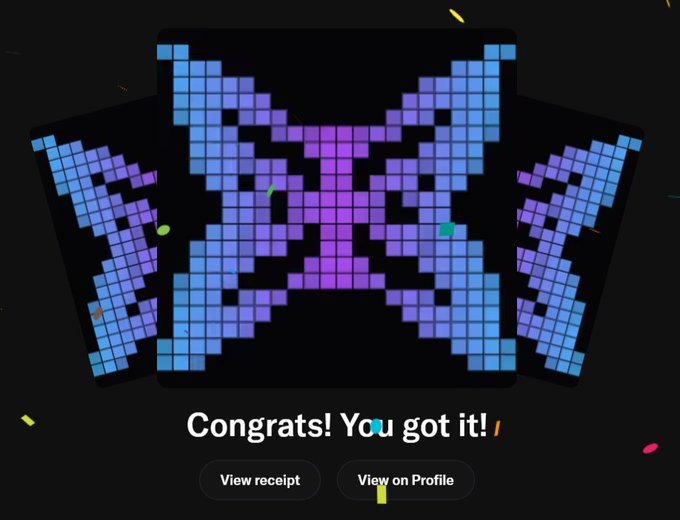 A pixel art graphic showing blue and purple geometric patterns resembling digital blocks or an X-shape on a dark background, with text reading "Congrats! You got it!" and buttons for "View receipt" and "View on Profile."