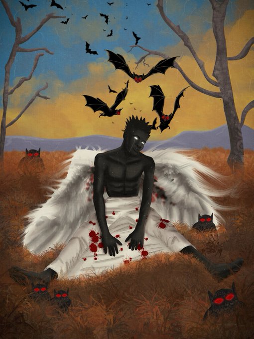 The image features a man with wings, who appears to be injured or broken, sitting in a field surrounded by bats. The sky above them has an orange hue, which contrasts with the blue of the sky at the top left corner of the painting. There are also red eyes on some of the bats and a bird flying overhead. The artist's signature is visible in the bottom right corner of the image.