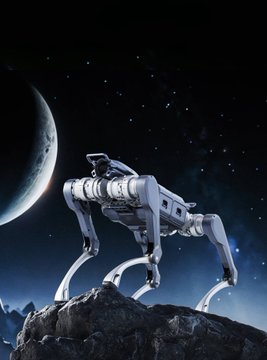 A science fiction illustration of a four-legged mechanical walker standing on a rocky lunar surface with a starry sky and a large planet or moon in the background.