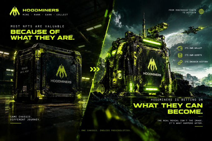 A promotional image for "HOODMINERS" featuring dark, metallic crates with green glowing accents, displaying the text "MOST NFTS ARE VALUABLE BECAUSE OF WHAT THEY ARE" and "HOODMINERS IS BETTING ON WHAT THEY CAN BECOME."